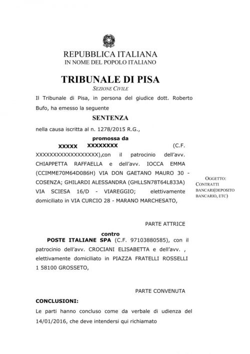 Rimborso buoni: il Tribunale di Pisa condanna Poste Italiane SpA