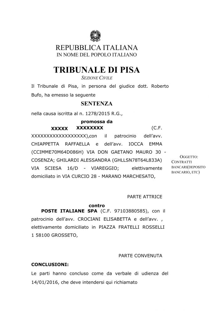 Rimborso buoni: il Tribunale di Pisa condanna Poste Italiane SpA